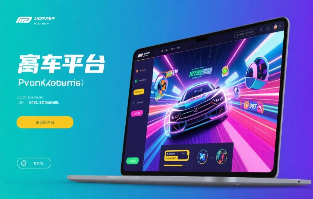 现代化赛车娱乐平台界面，色彩鲜明，有用户互动与娱乐元素，营造沉浸式体验